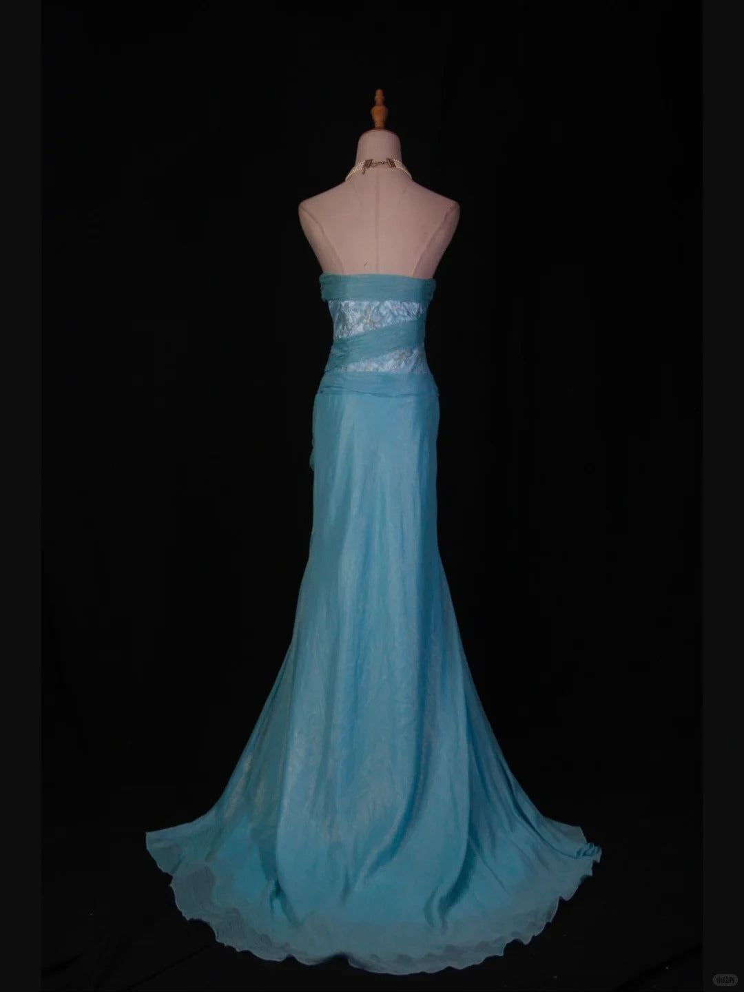 Vintage Blue Mermaid Long Prom Dress Strapless Lace Sparkly Evening Gown Chiffon Formal Dress ED03721