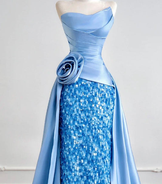 Modest Strapless Sheath Long Evening Dress Satin Blue Prom Dress Sparkly Graduation Dress ED03748