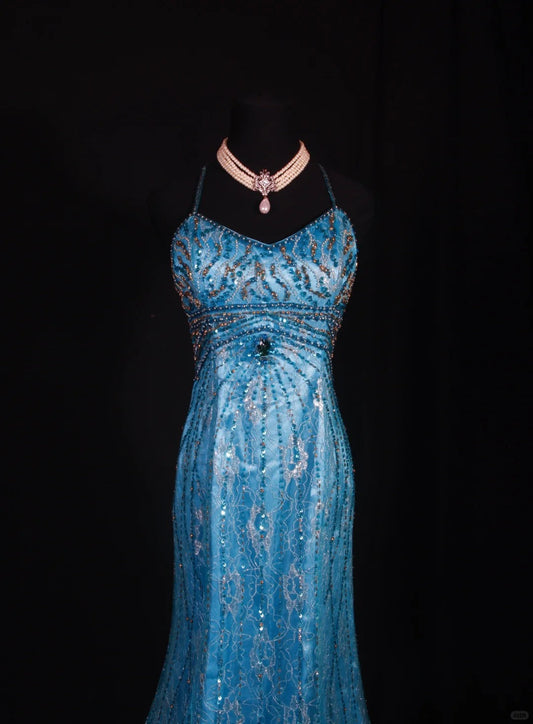 Blue Halter Mermaid Evening Dress Elegant Tulle Lace Long Prom Dress Party Dress HZ1024