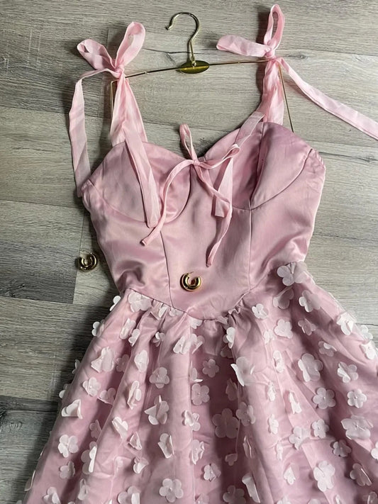 Fashion Pink A-line Birthday Dress Strap Tulle Satin Short Homecoming Dress Party Dress ED03756