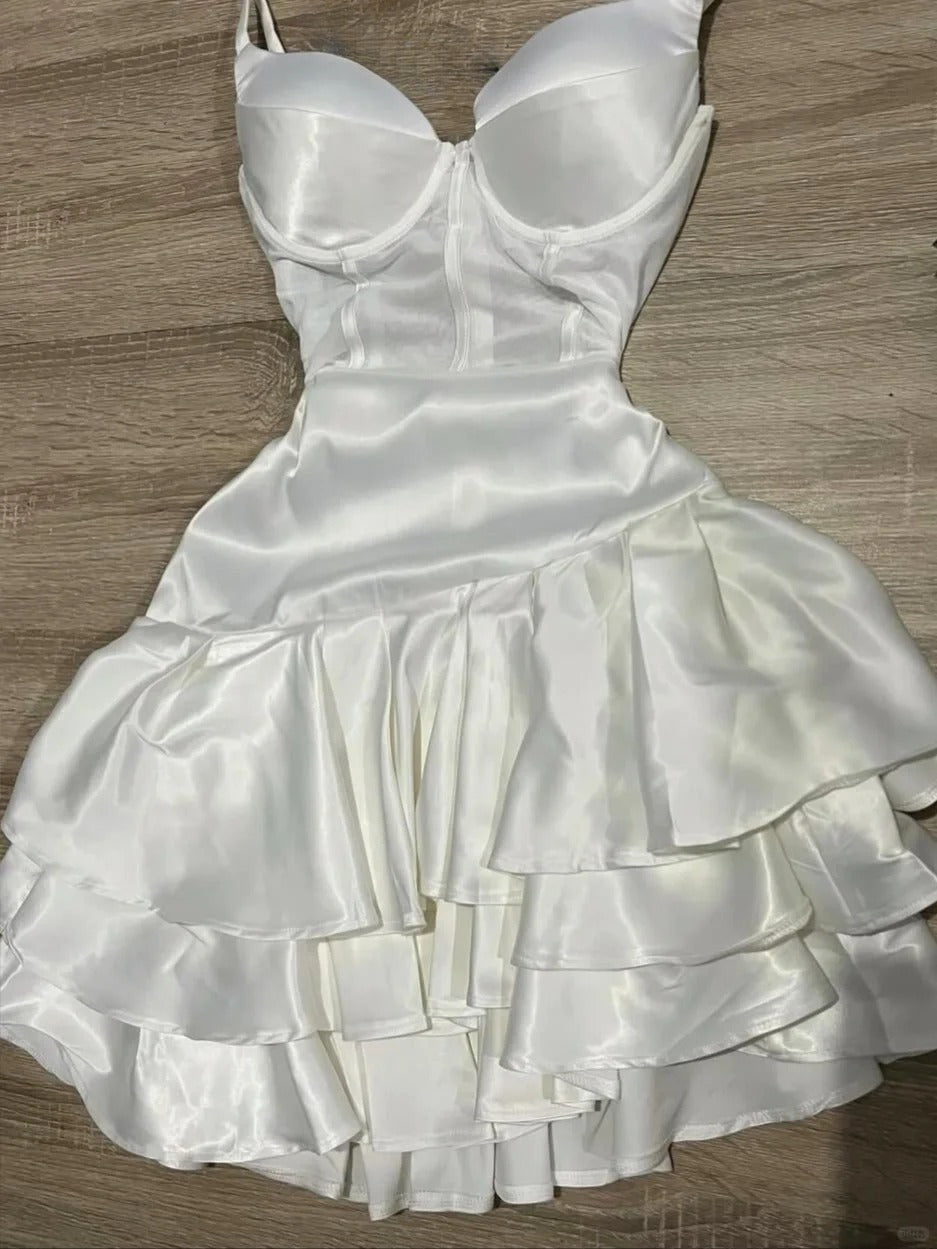 White Birthday Dress Spaghetti Strap Ball Gown Satin Party Dress Short Homecoming Dress HZ1024