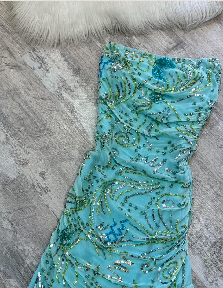 Blue Vintage Sheath Strapless Evening Gown Elegant Sequin Chiffon Formal Dress Long Prom Dress ED03794