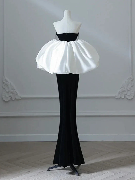 Mermaid Velvet Puff Sleeves Black Long Prom Dress, Black Evening Dress HZ1024