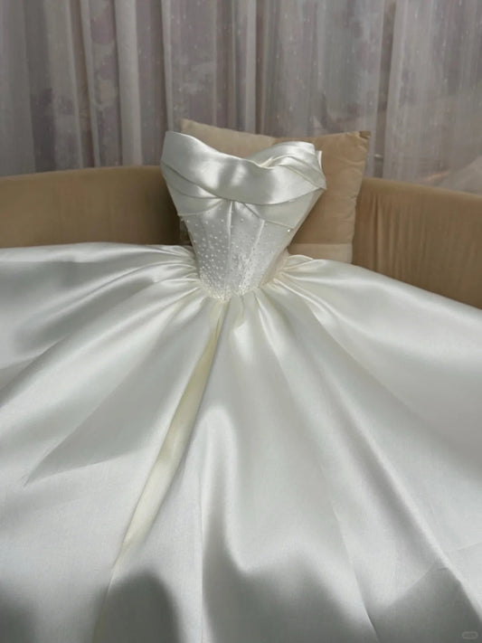 Elegant Strapless Ball Gown Satin Bridal Dress Simple Modest Wedding Dress ED03808