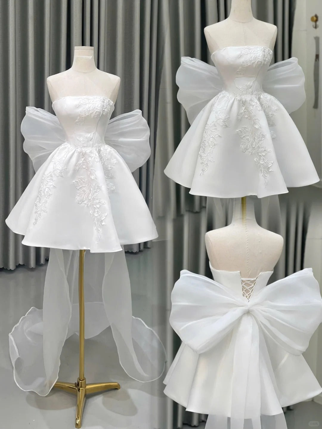 White Short Ball Gown Strapless Bridal Gown Satin Applique Bridal Dress Modest Wedding Dress HZ1024