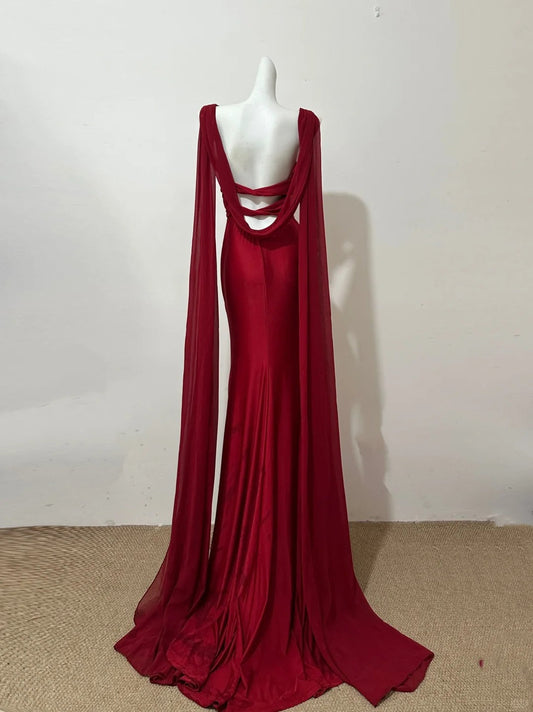 Stunning Sheath V-Neck Long Evening Dress Burgundy Backless Satin Prom Dress with Ribbon ED03816
