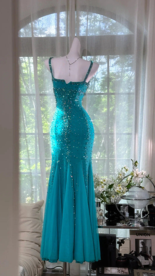 Vintage Halter Mermaid Evening Dress Turquoise Beaded Chiffon Formal Dress Modest Long Prom Dress ED03822