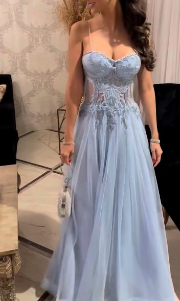 Elegant Spaghetti Strap A-Line Formal Evening Dresses Cute Appliqué Long Birthday Dress Gray Blue Tulle Prom Dresses ED03914