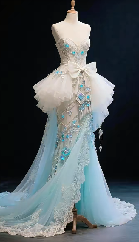 Fairy White/Blue Mermaid Evening Gowns Beaded Tulle Formal Dress Sweet Applique Sweetheart Birthday Dress ED03924