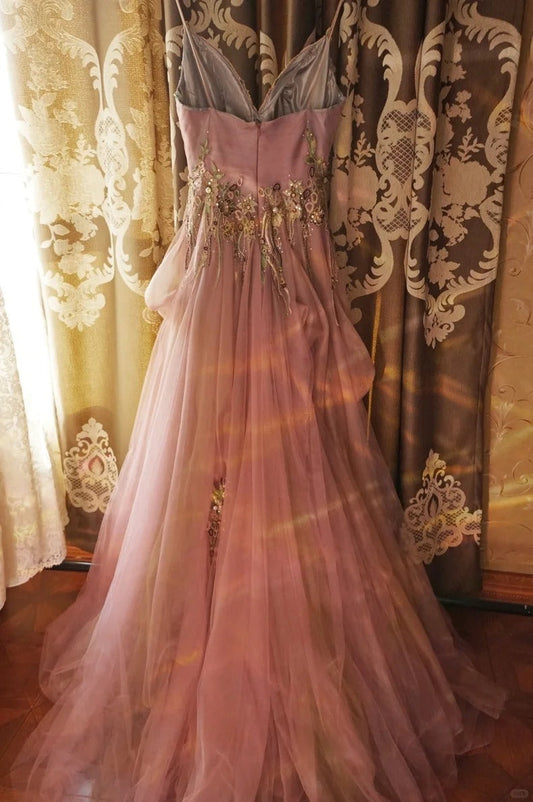 A-Line Spaghetti Strap Tulle Long Prom Dress with Beaded Appliques Sweet 16 Dress HZ1024