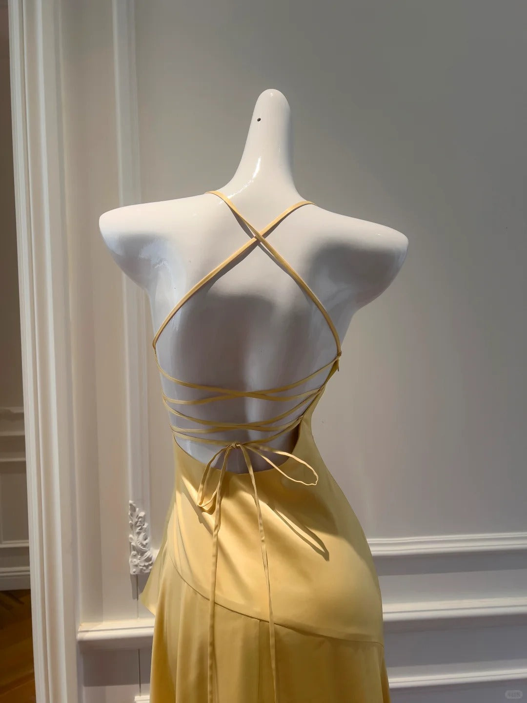 Sheath Halter Satin Long Prom Dress Yellow Backless Formal Dress Hi-Lo Evening Dress HZ1024