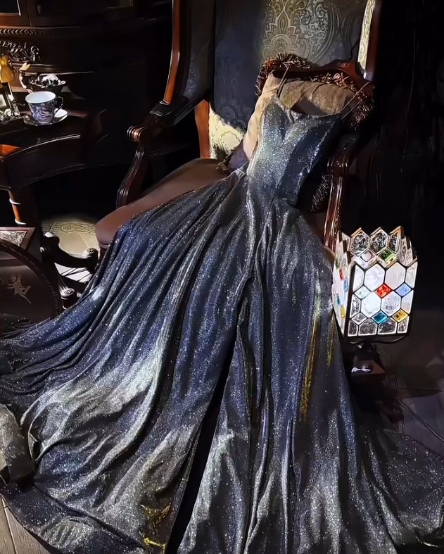Fairy Spaghetti Strap A-Line Glitter Satin Birthday Prom Dress Dark Gray Formal Evening Dress ED03966