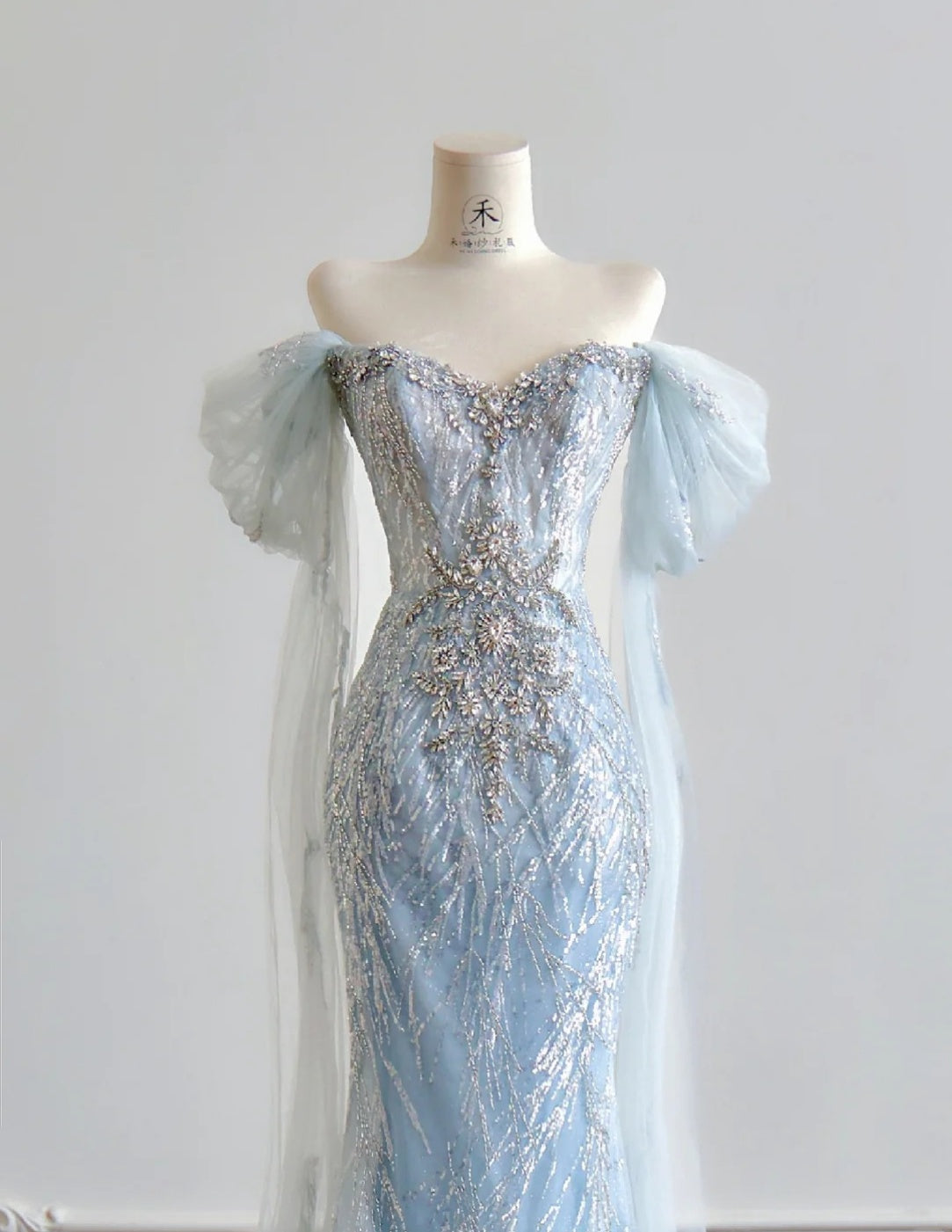 Blue Mermaid Wedding Dress Tulle Off-the-Shoulder Beaded Sequin Evening Dress HZ1024