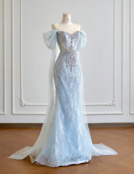 Modest Blue Mermaid Wedding Dress Tulle Off-the-Shoulder Beaded Sequin Evening Dress ED03985