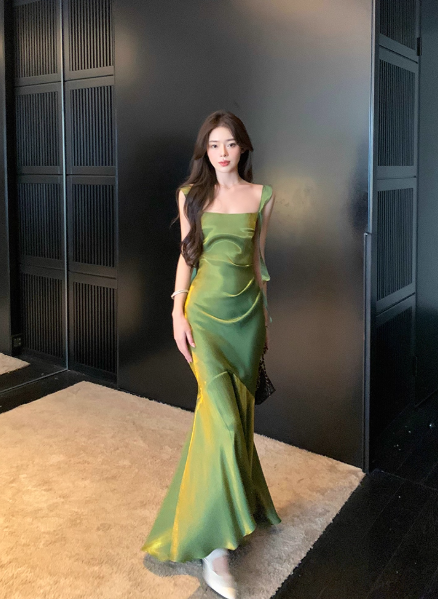 Elegant Mermaid Satin Square Neck Green Formal Party Dress Sweet Birthday Dress ED03990