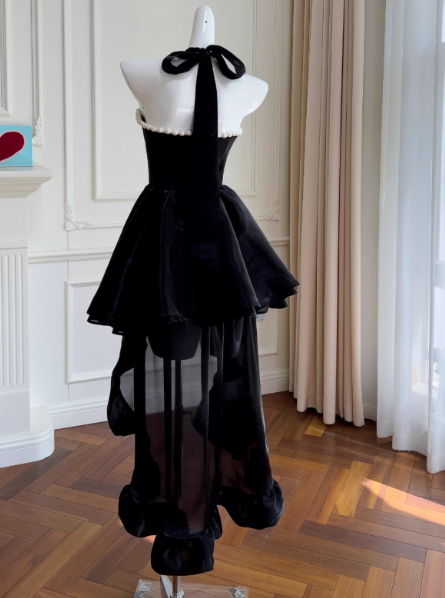 Audrey Hepburn Style A-Line Halter Velvet Short Prom Dress, Black Homecoming Dresses ED03995