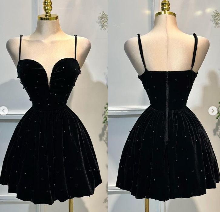 Fairy Sweetheart A-Line Velvet Beaded Homecoming Dresses, Black Short Prom Dress ED03998