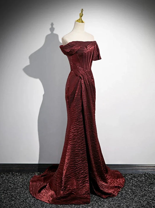 Simple Off Shoulder Burgundy Long Prom Dress, Burgundy Long Formal Dress ED040