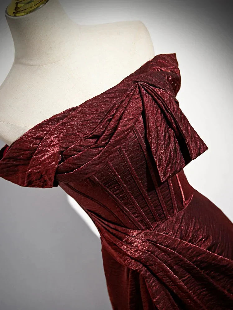 Off Shoulder Burgundy Long Prom Dress, Burgundy Long Formal Dress HZ1024
