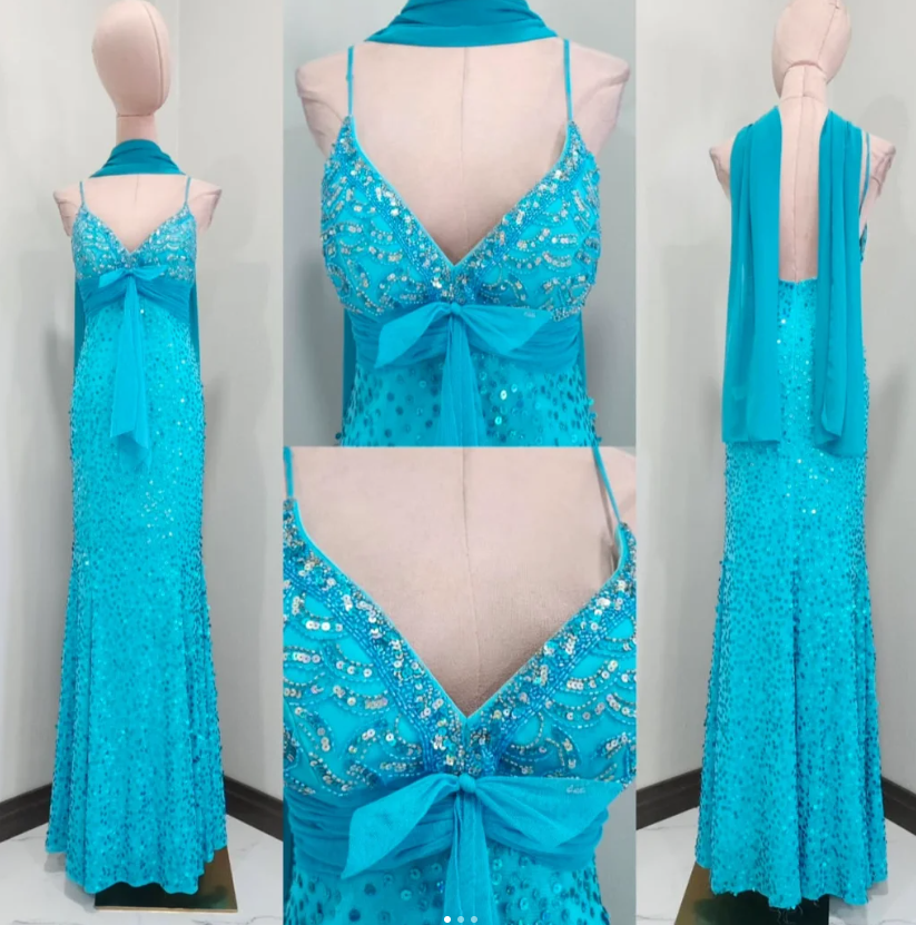 Vintage Spaghetti Straps Sheath Beaded Chiffon Long Prom Dresses, Blue Formal Evening Dresses ED04021