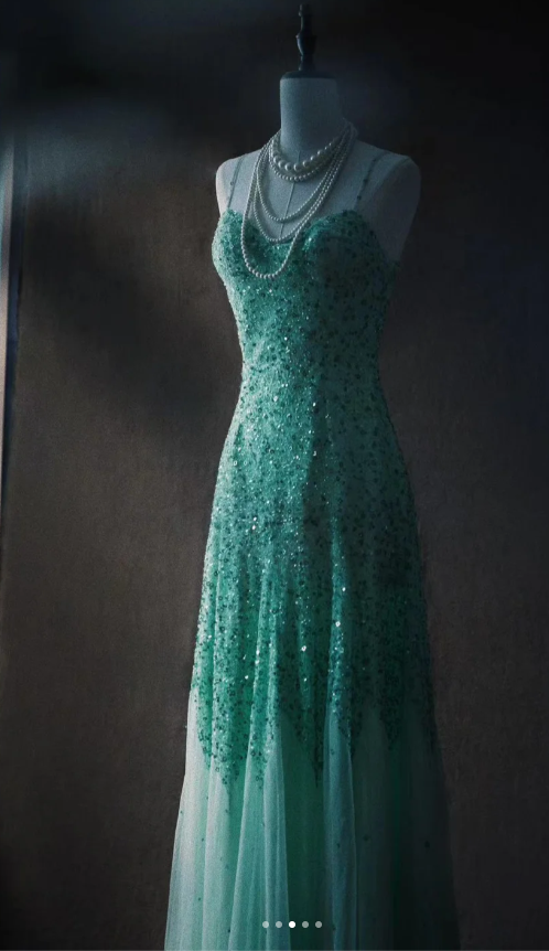 Vintage Spaghetti Straps Sheath Tulle Sequin Long Prom Dresses, Tiffany Blue Formal Evening Dresses ED04022
