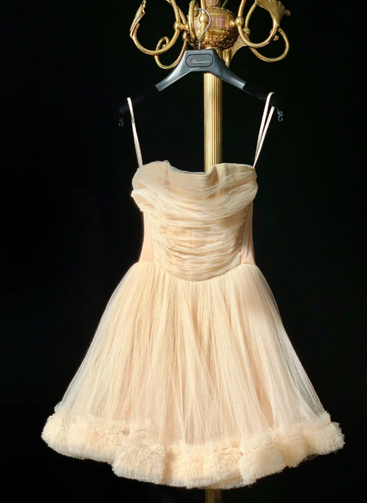 Sweet Strapless A-Line Tulle Short Prom Dresses, Light Champagne Homecoming Dresses ED04037