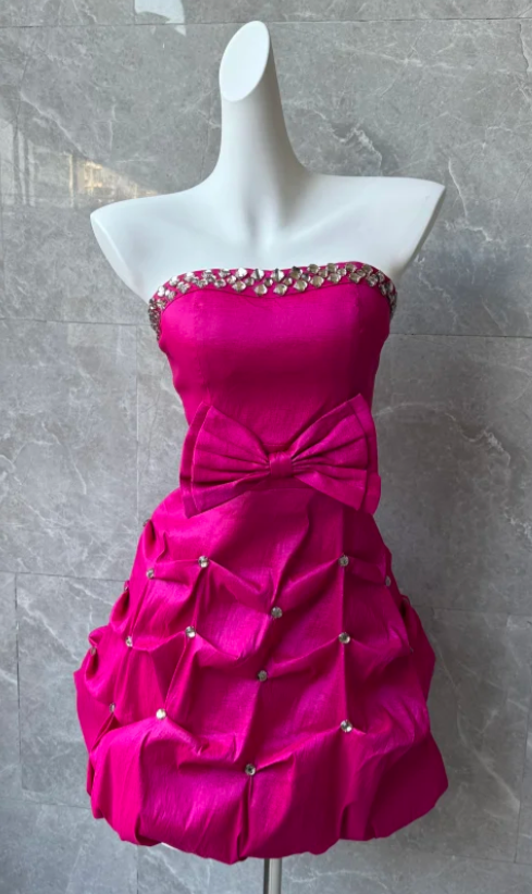 Gorgeous Strapless Sheath Satin Short Prom Dresses, Hot Pink Homecoming Dresses ED04048