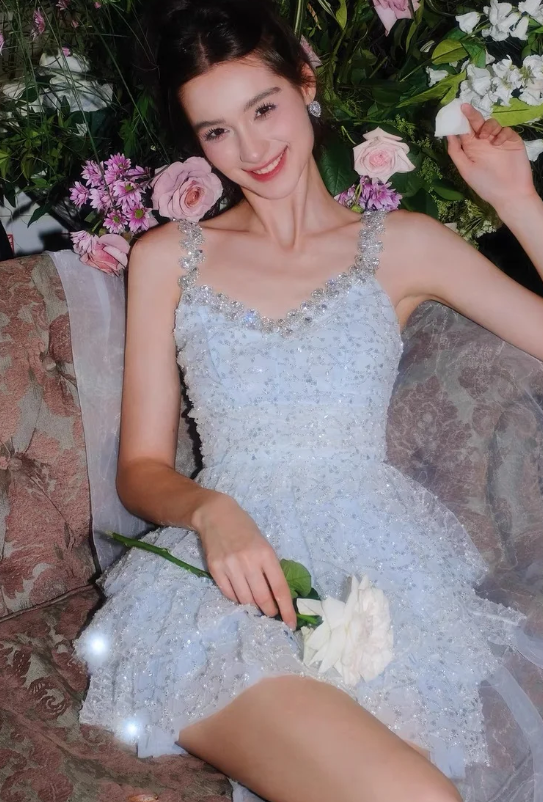 Gorgeous Spaghetti Straps A-Line Tulle Beaded Short Prom Dresses, Pale Blue Homecoming Dresses ED04050