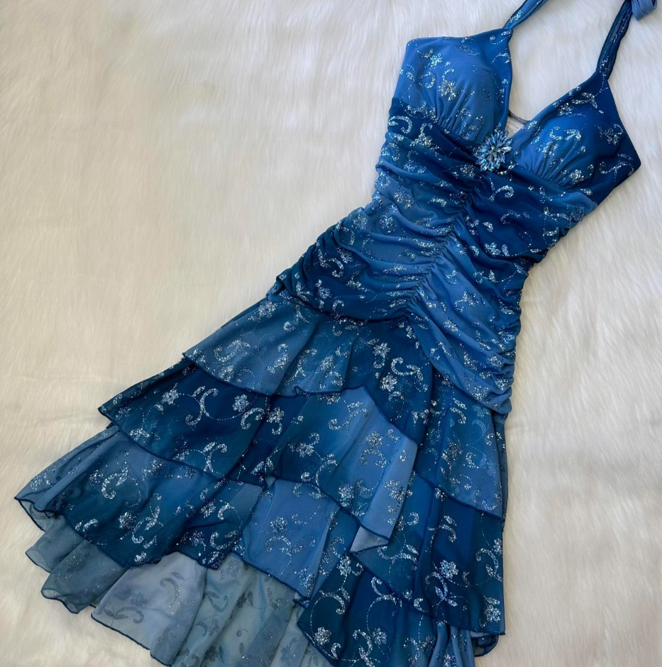 V-neck A-Line Chiffon Homecoming Dresses, Short Blue Fairy Prom Dresses HZ1024