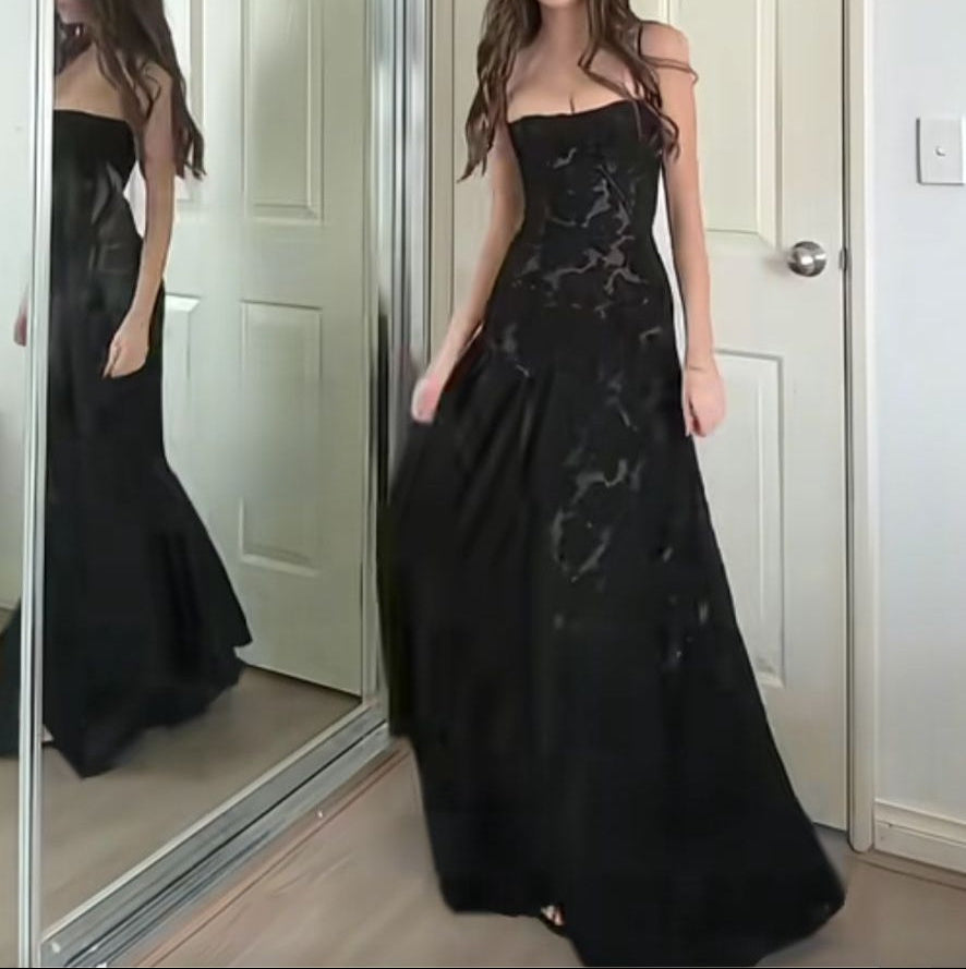 Elegant Sheath Spaghetti Strap Long Prom Dress Applique Black Formal Evening Dress ED04073