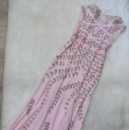 Vintage Sheath Spaghetti Strap Beaded Birthday Party Dress Pink Formal Evening Dress ED04077