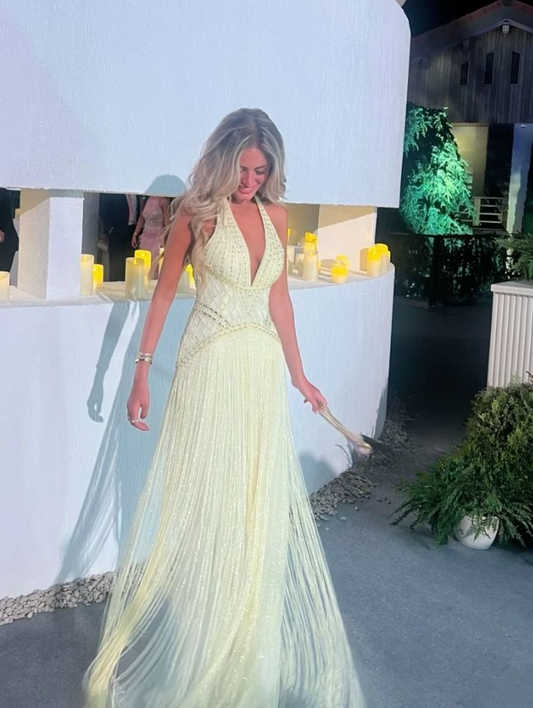 Gorgeous Sheath V-neck Open Back Prom Dress with Tassels Butter Yellow Backless Formal Evening Dress ED04080