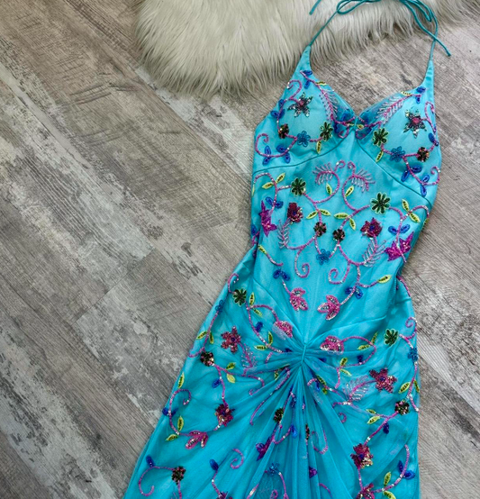 Vintage Mermaid Halter Backless Prom Dress Chiffon Beaded Dress Fairy Blue Formal Evening Dress ED04084