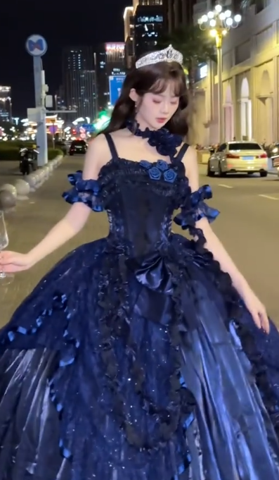 Elegant Spaghetti Strap Ball Gown Satin Long Prom Dress Navy Blue Formal Evening Dress ED04117