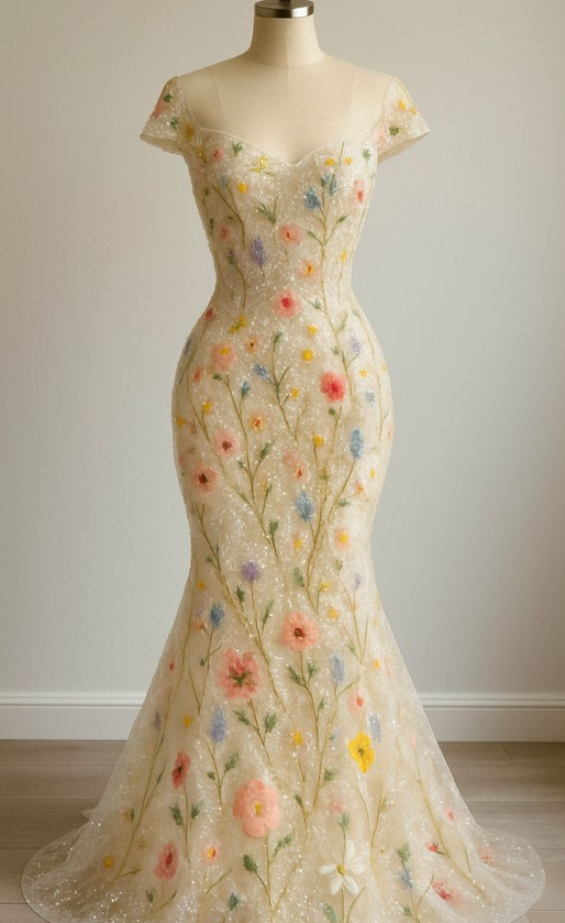 Fairy V-neck Mermaid Tulle Long Prom Dress with Appliques, Light Champagne Formal Evening Dress ED04119