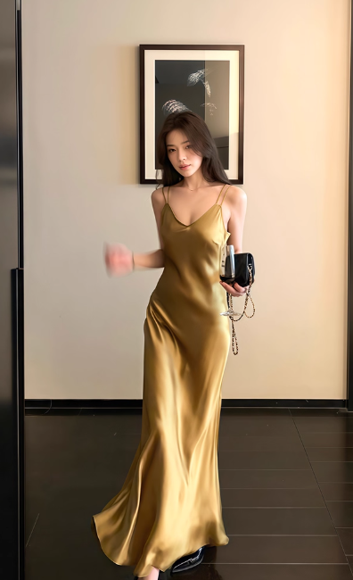 Spaghetti Strap Sheath Satin Birthday Dress Yellow Formal Evening Gowns HZ1024