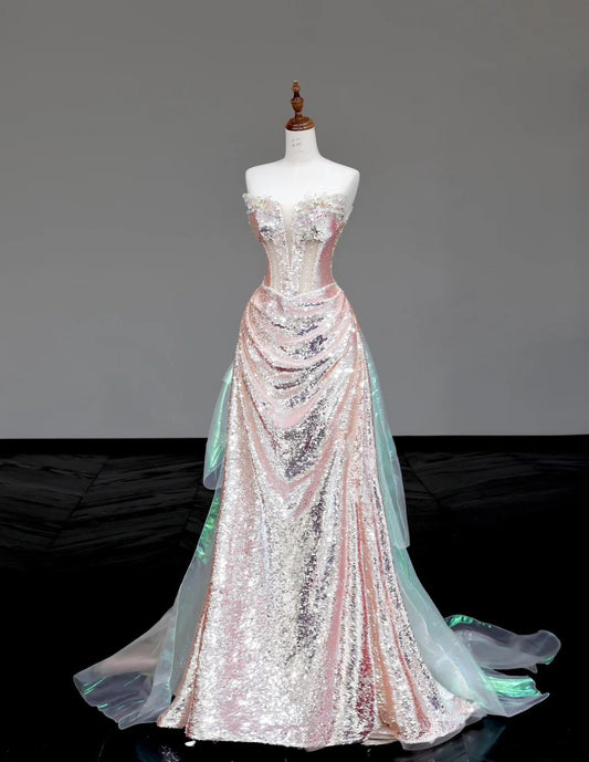 Elegant Strapless Sheath Sequined Long Prom Dresses Pink Sweet 16 Dress ED04152