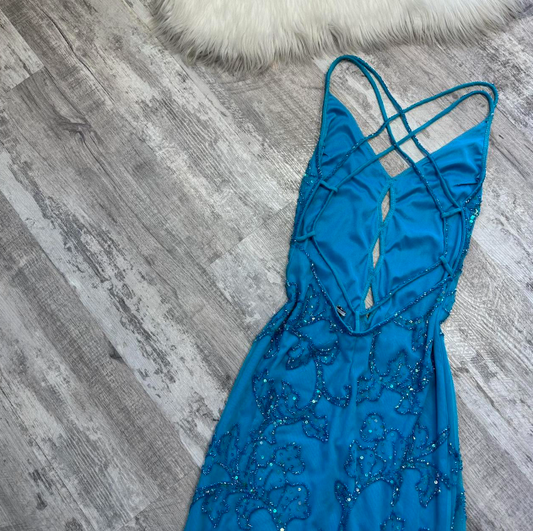 Elegant Sheath V-neck Chiffon Beaded Long Prom Dresses Blue Formal Evening Gowns ED04158