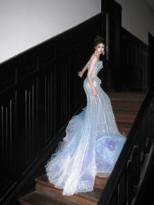 Sparkly Mermaid Tulle Sequin Long Prom Dresses Strapless Wedding Dress ED04157