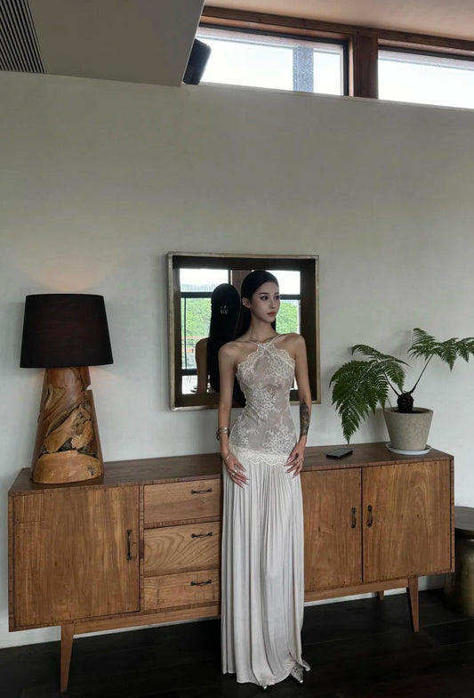 Sheath Halter Long Prom Dresses Chiffon Lace Applique Backless Birthday Dresses Formal Dresses HZ1024