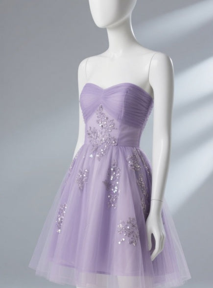 Cute A-line Tulle Applique Short Prom Dresses, Strapless Formal Dresses, Lilac Homecoming Dresses ED04184