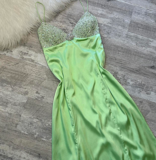 Spaghetti Strap Sheath Beaded Long Prom Dresses, Green Formal Evening Dresses HZ1024