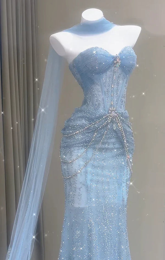 Gorgeous Sweetheart Mermaid Tulle Long Prom Dresses, Blue Formal Evening Dresses ED04211