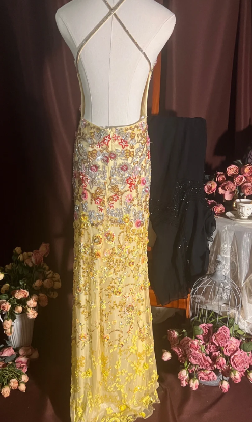 Vintage V-neck Sheath Chiffon Sequin Long Prom Dresses Yellow Backless Formal Evening Dresses ED04213