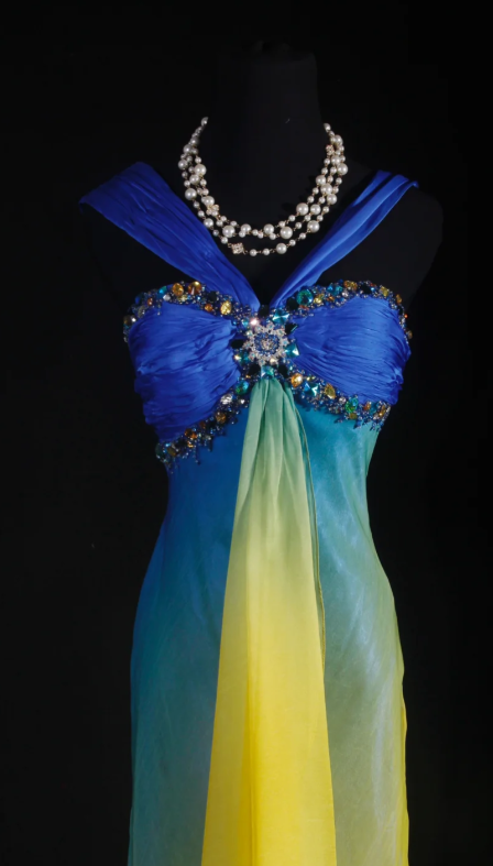 V-neck Sheath Tulle Long Prom Dresses Yellow /Blue Formal Evening Dresses HZ1024