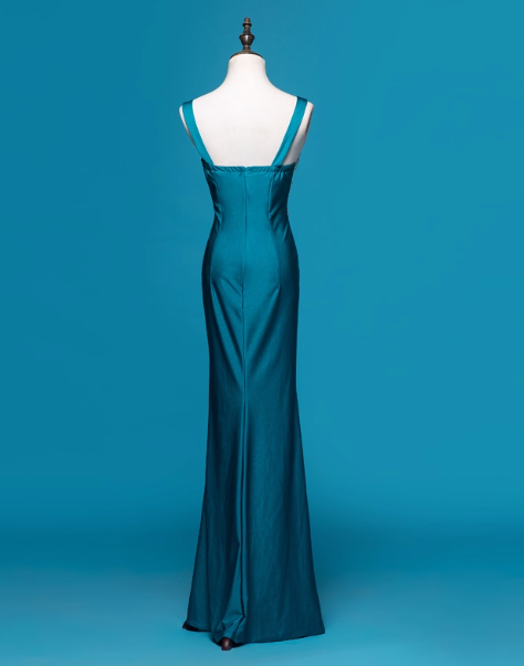 Vintage V-neck Sheath Satin Beaded Long Prom Dresses Blue Formal Evening Dresses ED04215