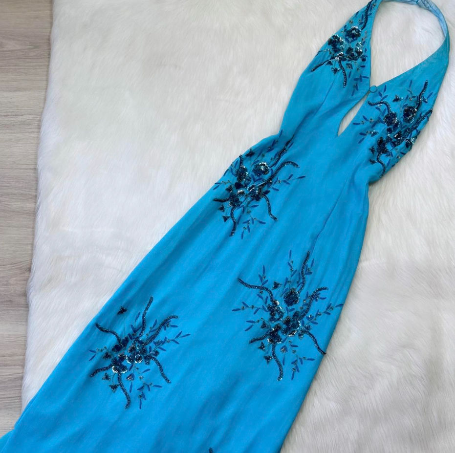 Vintage Halter Sheath Chiffon Beaded Long Prom Dresses, Blue Formal Evening Dresses ED04219