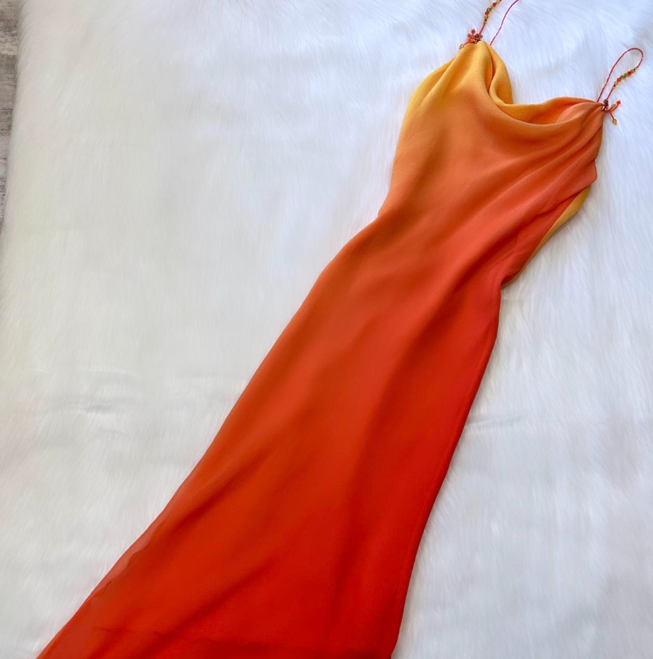 Elegant Spaghetti Strap Sheath Chiffon Long Prom Dresses, Gradient Orange Formal Evening Dresses ED04224