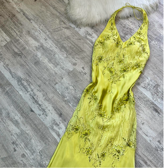 Halter Sheath Satin Lace Beaded Wedding Guest Dresses Yellow Formal Evening Dresses HZ1024