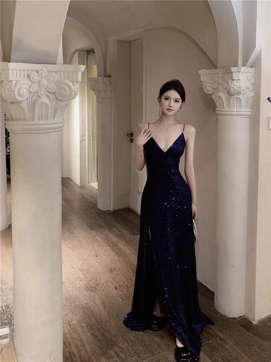 Navy Blue Spaghetti Strap A-Line V-Neck Sequined Long Prom Dress, Adult Ceremony Graduation Evening dress ED0426